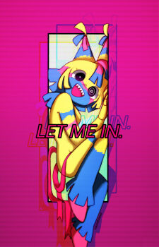 1girl :d absurdres against_wall alt_text black_eyes blonde_hair blue_fur blue_hair blue_leg_warmers blunt_bangs blunt_ends body_fur border breasts bright_pupils commentary cross-eyed dandy's_world double-parted_bangs downturned_eyes english_commentary english_text full_body furry furry_female glitch hair_between_eyes hand_up head_tilt highres horns knee_up laundryload leg_warmers looking_at_viewer multicolored_hair multiple_tails neck_ruff no_eyebrows no_nose open_mouth outside_border pink_border pink_fur pink_hair pink_horns pink_ribbon pink_shoes pink_tail ribbon roblox saturated sharp_teeth shoes short_hair sidelocks simple_background sitting small_breasts smile solo streaked_hair striped_fur striped_horns tail tareme teeth upper_teeth_only white_pupils yatta_(dandy's_world) yellow_background yellow_fur zoom_layer