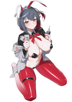 1girl absurdres animal_ears animal_print black_hair black_shrug bow bowtie breasts card closed_mouth collared_shrug colored_inner_hair fake_animal_ears fingernails full_body goddess_of_victory:_nikke grey_shirt hairband hands_up heart_maebari highres hiphighs holding holding_card jewelry large_breasts light_blush long_sleeves looking_at_viewer maebari mole mole_on_chest multicolored_hair nail_polish navel no_shoes off_shoulder official_alternate_costume open_clothes open_shirt pasties playing_card print_shirt rabbit_ears rabbit_print red_bow red_bowtie red_hair red_hiphighs red_nails reverse_bunnysuit reverse_outfit ring rouge_(nikke) rouge_(unlucky_rabbit)_(nikke) shirt short_hair shrug_(clothing) simple_background sitting smile solo stomach thigh_strap toho_(ryu0227ryu0227) two-tone_hair wariza white_background white_hairband yellow_eyes