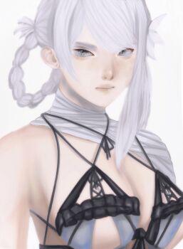 aiokosaio blue_eyes breasts flower hair_flower hair_ornament highres kaine_(nier) large_breasts lingerie nier nier_(series) sideboob underwear video_game white_hair