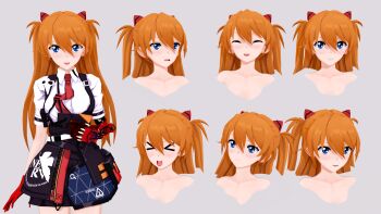 1girl 3d alternate_costume artist_request blue_eyes blush breasts brown_hair reference_sheet gloves grey_background highres honkai_(series) honkai_impact_3rd long_hair looking_at_viewer multiple_views neon_genesis_evangelion simple_background skirt smile souryuu_asuka_langley sweat twintails upper_body