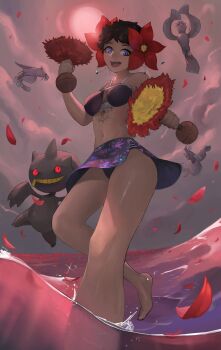 1girl banette beak bikini bird blue_eyes breasts brown_hair cloud cloudy_sky dark-skinned_female dark_skin flower gen_3_pokemon gen_7_pokemon hair_flower hair_ornament jeredxd medium_breasts nintendo oricorio oricorio_(sensu) phoebe_(pokemon) pokemon pokemon_oras pokemon_rse short_hair sky sunlight swimsuit tattoo water wings