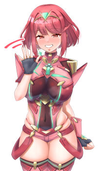 1girl absurdres armor black_gloves blush bob_cut breasts chest_jewel commentary_request core_crystal_(xenoblade) covered_navel cowboy_shot earrings fingerless_gloves floating_earrings full-face_blush gloves grin half-closed_eyes highres impossible_clothes jewelry large_breasts meipasuye pyra_(xenoblade) red_eyes red_hair red_shorts red_thighhighs short_hair short_sleeves shorts shoulder_armor simple_background smile solo suspenders swept_bangs thighhighs tiara waving white_background xenoblade_chronicles_(series) xenoblade_chronicles_2