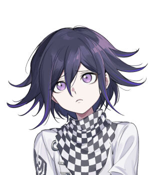 Rule 34 | 1boy, black hair, check commentary, checkered clothes, checkered scarf, commentary request, danganronpa (series), danganronpa v3: killing harmony, ewa (seraphhuiyu), flipped hair, frown, hair between eyes, looking up, male focus, oma kokichi, pleading eyes, portrait, purple eyes, purple hair, scarf, short hair, simple background, solo, two-tone scarf, white background