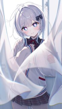 1girl :3 armband black_bow black_shirt blue_eyes bow collared_shirt commentary_request cowboy_shot cross_hair_ornament curtains dress floating_curtains gradient_eyes grey_skirt hair_bow hair_ornament hands_on_own_chest hands_up head_tilt heart heart-shaped_pupils highres kaga_sumire light_blush long_sleeves looking_at_viewer miniskirt multicolored_eyes neck_ribbon plaid_clothes plaid_skirt pleated_dress red_armband red_ribbon ribbon shirt short_hair skirt sleeves_past_wrists solo sweater symbol-shaped_pupils thick_eyelashes toki_(toki_ship8) virtual_youtuber vspo! white_hair white_sweater window