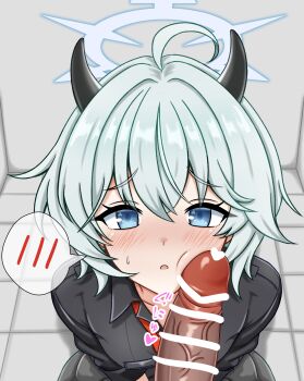 Rule 34 | 1boy, 1girl, ahoge, bar censor, black horns, blue archive, blue eyes, blue halo, blush, breasts, censored, erika (blue archive), hair between eyes, halo, horns, jinsei owakon yarou, large penis, looking at viewer, looking up, medium breasts, necktie, penis, penis on cheek, penis on face, red necktie, school uniform, short hair, spoken blush, white hair