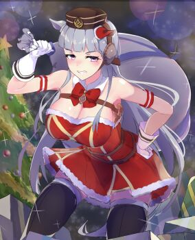 1girl animal_ears armband black_thighhighs blunt_bangs blush bow breasts christmas christmas_ornaments christmas_tree cleavage dekin_santa detached_collar dress ear_covers fur-trimmed_dress fur_trim gloves gold_ship_(umamusume) grey_hair grin hat highres holding holding_sack horse_ears horse_girl horse_tail large_breasts long_hair looking_at_viewer open_mouth pillbox_hat purple_eyes red_bow red_dress sack santa_costume santa_dress single_ear_cover smile solo strapless strapless_dress striped_armband striped_clothes tail teeth thighhighs umamusume white_gloves