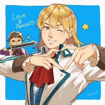 2boys blonde_hair blue_background brown_hair coat eiyuu_densetsu english_text frown green_eyes hair_between_eyes heart heart_hands holding holding_sword holding_weapon huge_weapon male_focus mueller_vander mullet multiple_boys olivert_reise_arnor one_eye_closed open_mouth purple_eyes sawaponu3 sen_no_kiseki_(series) sen_no_kiseki_i simple_background smile sora_no_kiseki star_(symbol) sword weapon