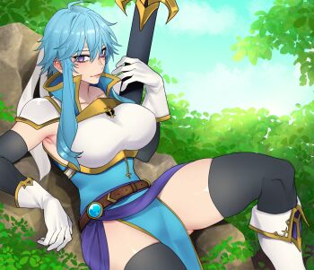 1girl absurdres ahoge armor armpits belt blue_hair blue_tunic blush boots breastplate breasts brooch collarbone commentary commission commissioner_upload elbow_gloves english_commentary fire_emblem fire_emblem:_genealogy_of_the_holy_war gloves gluteal_fold headband highres holding holding_sword holding_weapon jewelry knees_up large_breasts looking_at_viewer nintendo on_rock original otenki93 outdoors pelvic_curtain popped_collar purple_eyes sash selia_(mrtalkingdino) sheath sheathed short_hair shoulder_armor sidelocks sitting skindentation sleeveless smile solo sword thick_thighs thighhighs thighs tomboy tree tunic weapon white_headband