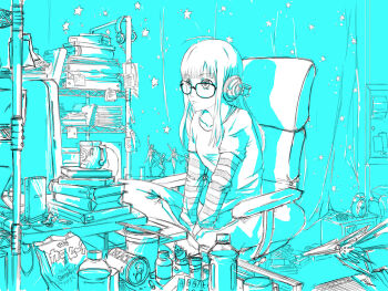 10s 1girl ahoge alarm_clock atelier_gokujou book can chair chopsticks clock cup curtains female_focus glasses headphones indian_style indoors jack_frost_(megami_tensei) jacket long_hair monitor monochrome mug persona persona_5 router sakura_futaba sitting sketch solo star_(symbol) striped
