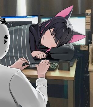 1boy 1girl absurdres animal_ears black_hair black_hoodie blue_archive blush cat_ears cat_girl closed_eyes colored_inner_animal_ears colored_inner_hair computer doodle_sensei_(blue_archive) feral_instincts highres hood hoodie kazusa_(blue_archive) lying momocadraw multicolored_hair on_side photo-referenced photo_background pink_hair sensei_(blue_archive) shirt short_hair sleeping two-tone_hair under_covers white_shirt