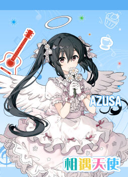 1girl alternate_costume angel angel_wings black_hair blue_background bow brown_eyes chinese_text dress english_text feathered_wings flower frilled_dress frills gloves guitar hair_between_eyes hair_flower hair_ornament halo highres holding instrument k-on! long_hair looking_at_viewer migolu mixed-language_text nakano_azusa nuoweisenlin_tongren_gongzuoshi pink_dress puffy_short_sleeves puffy_sleeves ribbon short_sleeves smile solo twintails white_dress white_flower white_gloves white_wings wings