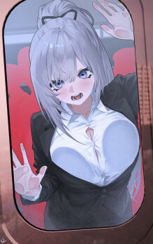 1girl against_glass black_jacket black_necktie black_skirt blue_eyes breast_press breasts breasts_on_glass button_gap cleavage collared_shirt commentary crowd dress_shirt english_commentary grey_hair highres hololive hololive_indonesia jacket large_breasts long_hair looking_at_viewer necktie ocetee office_lady official_alternate_costume official_alternate_hairstyle open_mouth ponytail shirt skirt solo suit_jacket train very_long_hair vestia_zeta vestia_zeta_(businesswoman) virtual_youtuber white_shirt