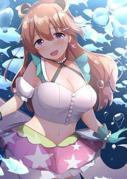 1girl :d air_bubble bare_shoulders breasts bubble cleavage collarbone commentary cowboy_shot crop_top daydream_mermaid detached_sleeves fish hair_horns hair_ornament hairclip highres kaudon konoe_kanata large_breasts looking_at_viewer love_live! love_live!_nijigasaki_high_school_idol_club love_live!_nijigasaki_high_school_idol_club_the_movie_-_finale midriff miniskirt navel official_alternate_costume official_alternate_hairstyle open_mouth pink_skirt pleated_skirt print_skirt puffy_short_sleeves puffy_sleeves purple_eyes short_sleeves skirt smile solo star_(symbol) star_print underwater