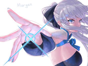 1girl black_bow blue_eyes bow braid character_name commentary_request fate/grand_order fate_(series) hair_between_eyes hair_bow half_up_braid highres long_hair looking_at_viewer morgan_le_fay_(fate) morgan_le_fay_(first_ascension)_(fate) niwaikanai ponytail simple_background solo white_background white_hair