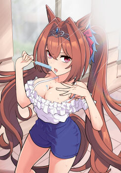 1girl adapted_costume animal_ears bare_shoulders breasts brown_hair casual cleavage collarbone commentary_request cowboy_shot daiwa_scarlet_(casual)_(umamusume) daiwa_scarlet_(umamusume) dripping food food_on_body food_on_breasts frills hair_intakes highres holding holding_food holding_popsicle horse_ears horse_girl horse_tail large_breasts lens_flare long_hair looking_at_viewer looking_up melting_popsicle oxymoron_0213 pink_eyes popsicle red_eyes road shorts solo street sunlight sweatdrop tail tiara twintails umamusume very_long_hair