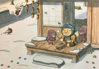 Rule 34 | animal, bear, bird, blue headscarf, bowl, building, cane, chopsticks, commentary request, cooking, food, footprints, grey kimono, haori, headscarf, highres, holding, holding bowl, holding cane, holding chopsticks, japanese clothes, kimono, ninja, no humans, original, sacchinmii, sitting, snow, stone wall, tree, yellow haori