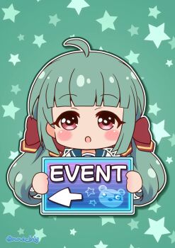 1girl battle_girl_high_school blush bow chibi chibi_only commentary_request english_text green_background green_hair highres holding holding_sign long_hair looking_at_viewer nna_btg open_mouth pink_eyes red_bow sadone sailor_collar school_uniform sign solo star_(symbol) twitter_username