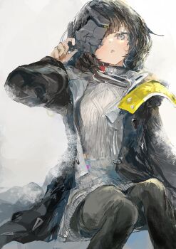 Rule 34 | 1girl, absurdres, arknights, arknights: endfield, black coat, black hair, black pantyhose, coat, commentary, endministrator (arknights), english commentary, feet out of frame, female endministrator (arknights), grey eyes, highres, holding, holding mask, ichika (ichika87), long sleeves, looking at viewer, making-of available, mask, medium hair, open clothes, open coat, open mouth, pantyhose, ribbed sweater, sitting, solo, sweater, white sweater
