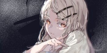 1girl close-up commentary film_grain gakuen_idolmaster hair_ornament hairclip hanozuku highres idolmaster lips looking_at_viewer monochrome_background orange_eyes portrait shinosawa_hiro shirt sidelocks solo static thick_eyelashes upper_body v white_hair yellow_shirt