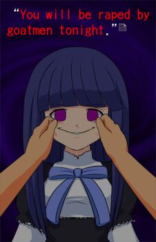 00s 1girl bad_id bad_pixiv_id cheek_pinching creepy empty_eyes english_text fake_screenshot female_focus fingersmile forced_smile frederica_bernkastel horror_(theme) jadf pinching ryukishi07_(style) smile solo umineko_no_naku_koro_ni visual_novel you_gonna_get_raped