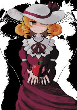 Rule 34 | 1girl, absurdres, apple, blonde hair, commentary, dress, elly (touhou), english commentary, food, fruit, hand up, hat, hat ribbon, highres, holding, holding food, holding fruit, iesonatana, long sleeves, looking at viewer, lotus land story, neck ribbon, red dress, red ribbon, ribbon, short hair, solo, standing, straight-on, touhou, touhou (pc-98), white hat, yellow eyes