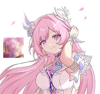 1girl adjusting_hair breasts commentary_request cook0363 cyrene_(honkai:_star_rail) cyrene_(ripples_of_past_reverie)_(honkai:_star_rail) diamond-shaped_pupils diamond_(shape) dress falling_petals flower hair_flower hair_ornament highres honkai:_star_rail honkai_(series) korean_commentary large_breasts long_hair looking_at_viewer multicolored_hair petals pink_hair purple_eyes reference_inset simple_background smile solo symbol-shaped_pupils two-tone_hair upper_body very_long_hair white_background white_dress white_hair