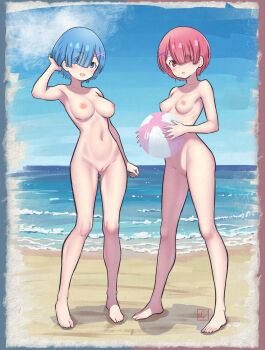 2girls absurdres ball beach beachball blue_eyes blue_hair breasts completely_nude elementary_(lolipope) hair_ornament hair_over_one_eye highres medium_breasts multiple_girls navel nipples nude ocean outdoors pink_eyes pink_hair pussy ram_(re:zero) re:zero_kara_hajimeru_isekai_seikatsu rem_(re:zero) short_hair siblings sisters twins uncensored x_hair_ornament