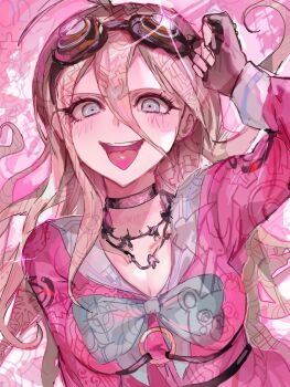 1girl antenna_hair blonde_hair breasts choker danganronpa_(series) danganronpa_v3:_killing_harmony gahagahay526 gloves goggles goggles_on_head grey_eyes hair_between_eyes hand_up highres iruma_miu large_breasts long_hair long_sleeves open_mouth shirt smile