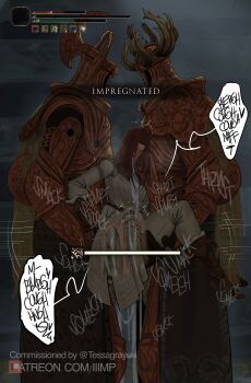 Rule 34 | 1girl, 2boys, absurdres, anal, armor, blush, boots, breasts, carrying, carrying person, commentary, commission, crucible knight, cum, cum in ass, cum in mouth, cum in pussy, cum overflow, cumdump, dress, elden ring, english commentary, english text, full body, highres, ibispaint (medium), iiimp, impregnation, multiple boys, patreon username, sex, speech bubble, status effect, tarnished (elden ring), vaginal