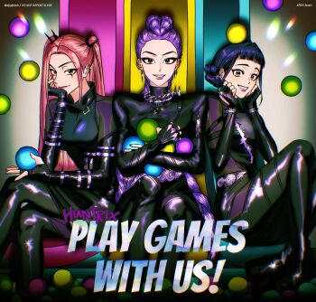 3girls ball black_suit bodysuit braid brown_eyes commentary crossed_arms crossed_legs djqdjrkeh double_bun english_commentary film_grain formal_clothes bad_tag hair_bun hair_ornament hair_up hands_on_own_cheeks hands_on_own_face happy head_rest head_tilt highres indoors kpop_demon_hunters leather_suit light_particles long_braid long_hair looking_at_viewer looking_to_the_side mira_(kpop_demon_hunters) multiple_girls parted_bangs parted_lips pink_lips purple_hair rumi_(kpop_demon_hunters) short_bangs single_braid sitting slide smile smirk sparkle spot_color spotlight suit twintails wide-eyed zoey_(kpop_demon_hunters)