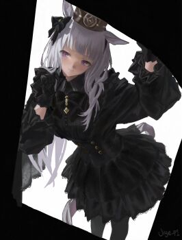 1girl alternate_costume black_border black_bow black_bowtie black_corset black_dress border bow bowtie buttons corset double-breasted dress dutch_angle frilled_dress frills gloves gold_ship_(umamusume) hair_bow highres horse_girl horse_tail jiye_p1 light_smile long_hair long_sleeves looking_at_viewer pillbox_hat purple_eyes solo tail umamusume white_gloves white_hair