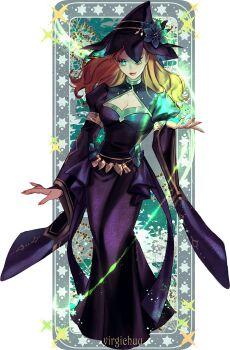 1girl absurdres alternate_costume annette_fantine_dominic annette_fantine_dominic_(timeskip) black_dress blue_eyes breasts cleavage cleavage_cutout closed_mouth clothing_cutout dress fire_emblem fire_emblem:_three_houses green_eyes hat highres long_hair long_sleeves looking_at_viewer magic medium_breasts nintendo orange_hair orange_nails red_lips smile solo star_(symbol) virgichuu witch witch_hat