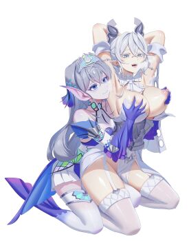 2girls absurdres armpits arms_behind_head blue_eyes blush breasts breath cleavage commentary_request dress drill_hair duel_monster grabbing_another&#039;s_breast grey_eyes grey_hair groping highres kitkallos_(yu-gi-oh!) long_hair lovely_labrynth_of_the_silver_castle multiple_girls nipple_stimulation nipples open_mouth rare_lemon simple_background slit_pupils strapless strapless_dress tearlaments_kitkallos twin_drills white_background white_dress yu-gi-oh! yuri