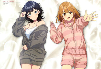 2girls absurdres anifar_inc. aomi_haru black_hair blue_eyes blush breasts brown_eyes brown_hair camisole chitose-kun_wa_ramune_bin_no_naka cleavage closed_mouth collarbone grey_jacket grey_shorts highres jacket long_hair long_sleeves looking_at_viewer medium_breasts medium_hair multiple_girls nanase_yuzuki official_art open_mouth outstretched_arm pink_jacket pink_shorts scan shorts smile standing strap_slip striped_clothes striped_jacket white_camisole