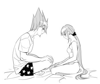 Rule 34 | 1boy, 1girl, bare arms, bare legs, bare shoulders, barefoot, blush, boxers, bra, closed mouth, commentary, crossed legs, danganronpa (series), danganronpa v3: killing harmony, eyelashes, face-to-face, facial hair, fingernails, goatee, greyscale, hair ornament, hair scrunchie, hair spread out, hand on own knee, hands on lap, harukawa maki, hetero, highres, long hair, looking down, low twintails, male underwear, momota kaito, monochrome, on bed, panghwi (hyeon sale), panties, scrunchie, shirt, short hair, short sleeves, sitting, spiked hair, star (symbol), star print, stomach, t-shirt, toes, twintails, underwear, very long hair, white background