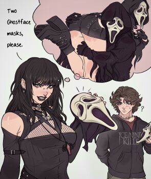 1boy 1girl ? ass black_choker black_footwear black_hair black_hoodie black_lips black_nails blush boots brown_hair cellphone chain chain_necklace choker cosplay ear_piercing earrings face_piercing fishnet_top fishnets ghostface ghostface_(cosplay) goth_fashion grey_background grey_eyes grin high_heel_boots high_heels highres holding holding_mask hood hoodie ice_nine_kills jewelry leather leather_skirt lip_piercing lip_ring long_hair mask miniskirt necklace nose_piercing nose_ring pendant_choker phone piercing scream_(movie) short_hair skirt smile speech_bubble sweatdrop thought_bubble yellow_eyes yoracrab