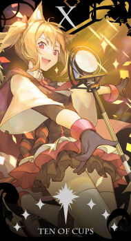 1girl absurdres animal_ear_fluff animal_ears arknights back_bow black_gloves blonde_hair boots bow card_(medium) chinese_commentary collared_dress commentary dancing diffraction_spikes dress english_commentary foot_out_of_frame frilled_skirt frills gloves hair_bow highres idol knee_boots kotatsu_kaya layered_shirt microphone_stand minor_arcana_(tarot) mixed-language_commentary music necktie open_mouth red_bow red_eyes red_necktie singing skirt solo sora_(arknights) tarot teeth thighhighs three-quarter_sleeves twintails upper_teeth_only white_boots white_thighhighs wide_sleeves