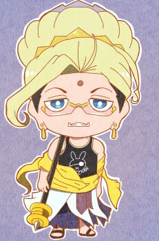 1boy absurdres animal_print bindi black_footwear black_hair black_tank_top blonde_hair blue_eyes buddha_(shuumatsu_no_valkyrie) chibi crown crown_hair_ornament crown_ornament derutta earrings facial_mark facing_viewer fangs forehead_mark glasses gold_crown gold_earrings hair_bun hair_ornament half-closed_eyes highres holding holding_staff jewelry long_hair looking_at_viewer loose_hair_strand male_focus multicolored_hair pink_glasses purple_background rabbit_print rectangular_eyewear robe shuumatsu_no_valkyrie solo staff standing tank_top teeth two-tone_hair weapon white_robe yellow_robe yellow_trim