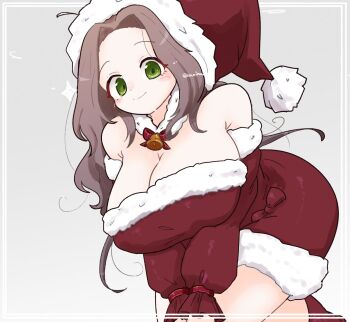 1girl bare_shoulders bell blush breasts brown_hair christmas cleavage closed_mouth collar commentary_request cowboy_shot dress forehead fur-trimmed_dress fur-trimmed_headwear fur_collar fur_trim green_eyes grey_background hat highres inset_border large_breasts long_hair long_sleeves looking_at_viewer neck_bell off-shoulder_dress off_shoulder olto_rondo original red_dress red_hat santa_costume santa_dress santa_hat smile solo v_arms white_collar
