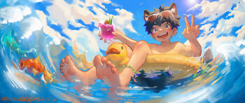 1boy animal_ears ankle_bracelets cloud cloudy_sky currywang drink feet fish holding holding_drink male_focus open_mouth original peace_symbol short_hair shota sky smile solo sunglasses_on_head swim_ring swimsuit waves