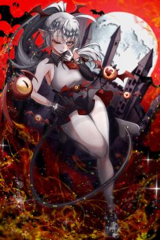 Rule 34 | 1girl, absurdres, ahoge, armpits, bat (animal), black gloves, black skirt, blue eyes, breasts, castle, demon tail, fire, fushi yohaku, general geega, gloves, grey hair, hand on own hip, head wings, heart, heart-shaped pupils, heterochromia, high-waist skirt, highres, moon, necktie, one-eyed, one eye closed, pantyhose, pointy ears, ponytail, red background, red necktie, skirt, sparkle, standing, standing on one leg, symbol-shaped pupils, tail, thighs, virtual youtuber, vshojo, white gloves, white pantyhose, wings