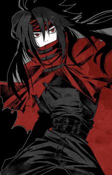 1boy belt black_background black_hair black_jacket black_pants cape cloak closed_mouth commentary_request cowboy_shot final_fantasy final_fantasy_vii hair_between_eyes headband highres inu45451 jacket long_hair looking_at_viewer male_focus multiple_belts pants red_cape red_cloak red_eyes red_headband solo spiked_hair vincent_valentine