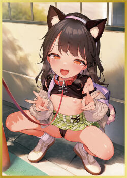 1girl animal_ears backpack bag bdsm belt_collar black_hair black_panties black_shirt blush bobby_socks breasts cameltoe cardigan charm_(object) clothes_lift collar dog_ears double_v erogaki exhibitionism fake_animal_ears female_focus full_body hairband heavy_breathing henreader jojifuku leash loli long_hair looking_at_viewer melonbooks open_cardigan open_clothes open_mouth orange_eyes original outdoors panties pet_play public_indecency purple_bag randoseru red_collar school_bag shade shirt shirt_lift shoes slave small_breasts smile sneakers socks solo squatting sunlight sweat torogao underwear v white_socks