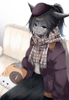 Rule 34 | 1girl, absurdres, animal ears, black hair, black skirt, cat ears, cat girl, colored skin, commentary request, commission, couch, fat cat (ff14), final fantasy, final fantasy xiv, grey skin, hat, highres, jacket, looking at viewer, miqo'te, on couch, open mouth, plaid clothes, plaid scarf, ponytail, purple hat, purple jacket, red eyes, sana (sanamaru 0w0), scarf, signature, sitting, skeb commission, skirt, smile, solo, sweater, warrior of light (ff14), white sweater