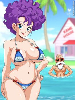 1boy 1girl bald beard bikini blue_bikini blue_eyes blurry bow bow_bikini breasts breasts_apart cameltoe cloud coconut_tree collarbone curvy day depth_of_field dragon_ball dragon_ball_(classic) facial_hair facing_viewer hand_on_own_hip hands_on_own_hips highres house island kame_house light_smile lipstick looking_at_viewer makeup medium_breasts micro_bikini missing_tooth mole mole_under_mouth multicolored_bikini muscular muscular_male mustache muten_roushi navel netorare ocean old old_man outdoors palm_tree partially_submerged purple_hair ranfan red_bow red_lips sano_br shiny_skin short_hair sky smile strap_gap sunglasses swimsuit tree two-tone_bikini wading weather_vane white_beard wide_hips