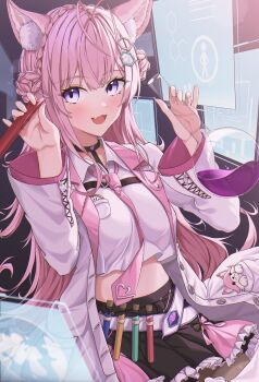 1girl :d absurdres animal_ear_fluff animal_ears antenna_hair black_choker black_skirt blush braid braided_bun choker collared_shirt crop_top crown_braid double_bun fang flask frilled_skirt frills hair_bun hair_ornament hakui_koyori hakui_koyori_(1st_costume) highres holding holding_flask holding_test_tube hololive kokoro_(hakui_koyori) lab_coat long_hair long_sleeves looking_at_viewer midriff necktie open_mouth pink_hair pink_necktie purple_eyes round-bottom_flask shirt skin_fang skirt smile solo test_tube very_long_hair virtual_youtuber white_shirt wolf_ears yozora_(1wkdgusdn)