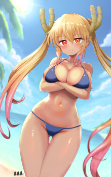 1girl arms_under_breasts bare_shoulders beach bikini blonde_hair blue_bikini blue_sky blush breasts cleavage closed_mouth cloud collarbone commentary_request cowboy_shot crossed_arms day dragon_girl dragon_horns gluteal_fold gradient_hair groin hair_between_eyes highres horns kobayashi-san_chi_no_maidragon large_breasts long_hair looking_at_viewer multicolored_hair navel ocean orange_eyes outdoors palm_tree pink_hair red_eyes reiwa_rerere shiny_skin skindentation sky slit_pupils smile solo standing stomach swimsuit tan thigh_gap tohru_(maidragon) tree twintails very_long_hair