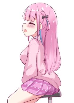 1girl absurdres between_legs black_bow blunt_bangs blush bow braid breasts cardigan chair closed_eyes clothed_masturbation cowboy_shot female_masturbation from_side hair_bow half_updo hand_between_legs highres hololive implied_masturbation kanami9731 long_hair long_sleeves masturbation medium_breasts minato_aqua miniskirt on_chair one_side_up open_mouth pink_cardigan pink_hair pink_skirt plaid_clothes plaid_skirt pleated_skirt raised_inner_eyebrows sidelocks simple_background sitting skirt solo stool straight_hair virtual_youtuber white_background