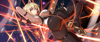 1girl absurdres ass ass_focus blonde_hair chest_harness commentary evelyn_chevalier glowing glowing_eyes hair_up harness high-waist_pants high_heels highres necktie pants purple_eyes sleeveless solo strap thick_thighs thighs tight_clothes tight_pants yanagino_(yanagino3) yellow_necktie zenless_zone_zero