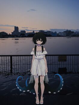 1girl bandaged_leg bandaged_neck bandages bandaid bandaid_on_leg black_eyes black_hair cityscape cloud collarbone commentary dress evening full_body gauze_on_knee highres indie_virtual_youtuber light_smile long_hair looking_at_viewer low_twintails nkymyura ocean off-shoulder_dress off_shoulder outdoors railing sandals sky solo standing tentacles twintails virtual_youtuber water white_dress yamata_ia
